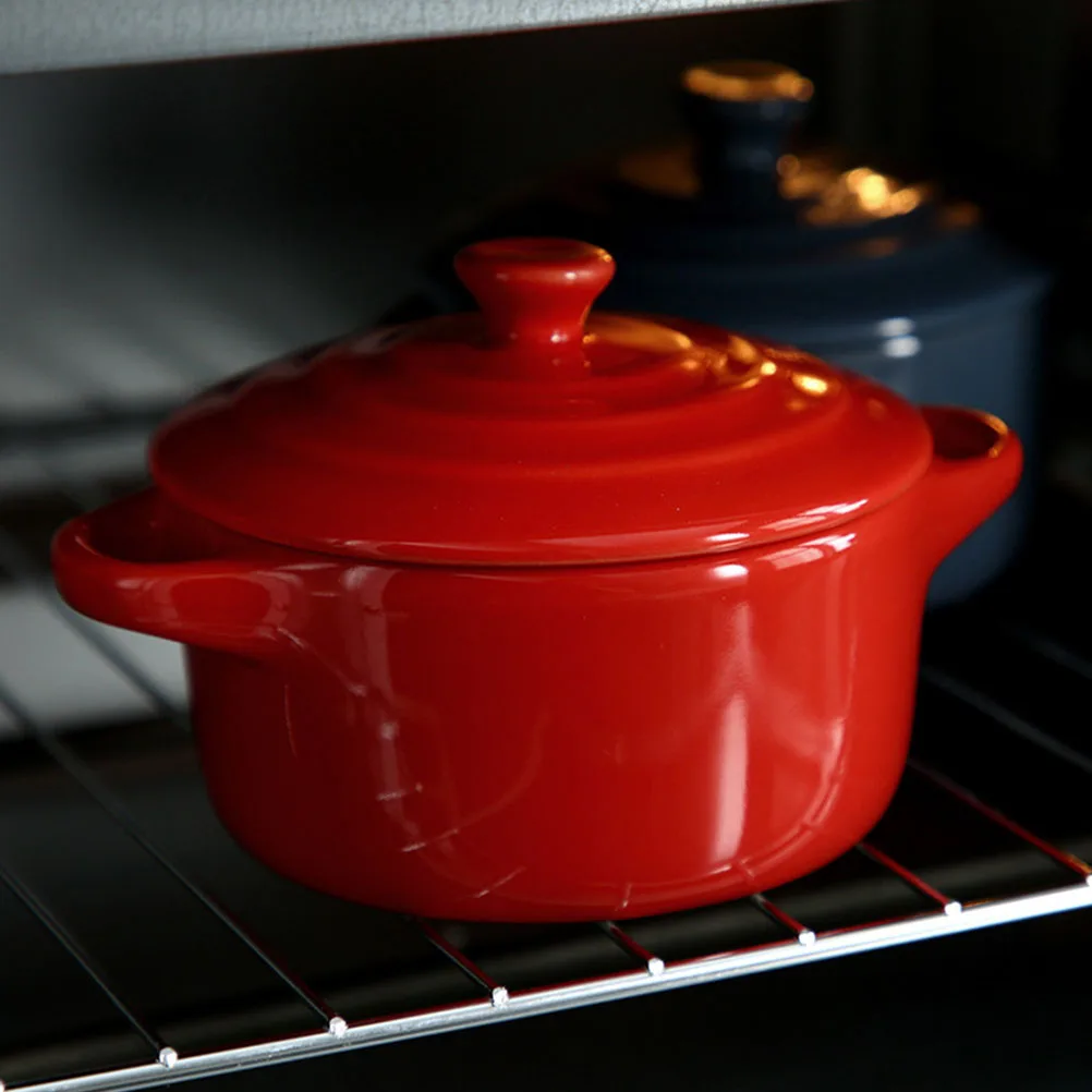 

1pc 230ml Double Handle Ceramic Stew Bowl With Lid For Home Kitchen Microwaveable Ramen Soup Bowl Red