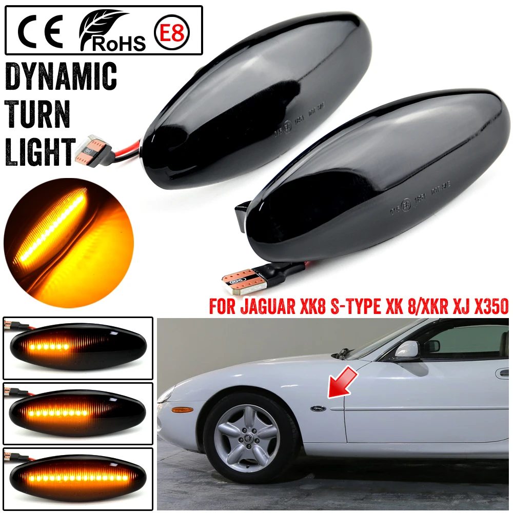 2PCS LED Dynamic Side Marker Turn Signal Indicator Light Sequential Blinker For Jaguar XK8 S-Type XK 8/XKR XJ X350