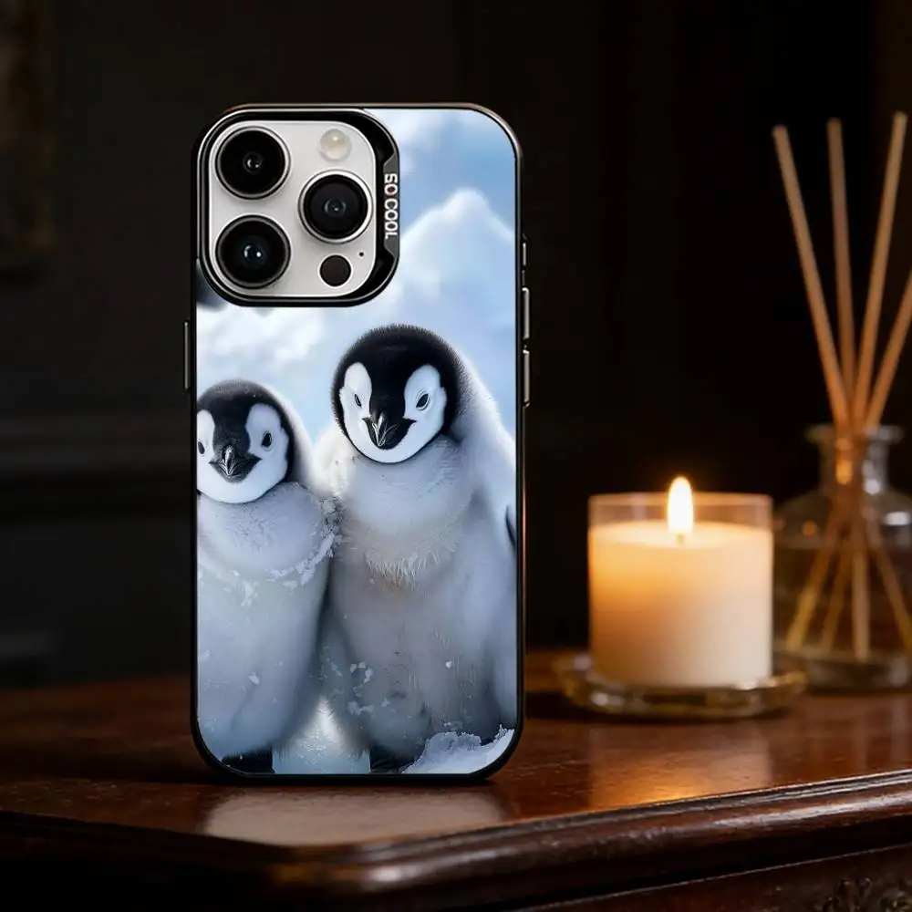 Lovely Penguin Phone Case For iPhone 17 16 15 14 13 12 11 Pro Max Plus Silver Matte Black Cover