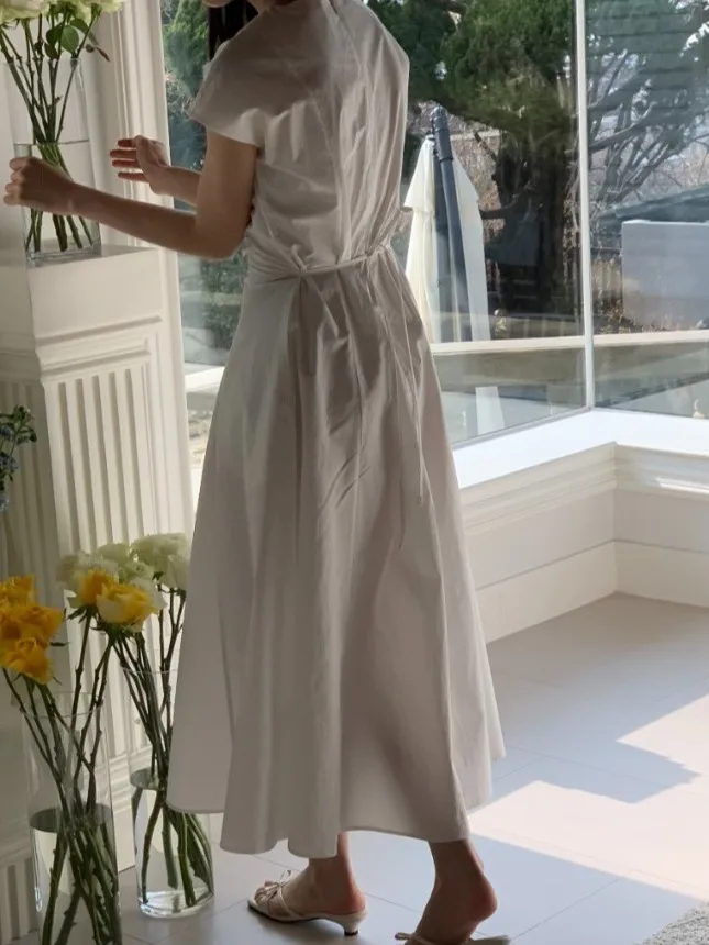 Ele Summer Long Svel Dr Abito da donna in puro colore rotondo Ne con cravatta in vita dimagrante Chic Pendolarismo Sle Or Sve