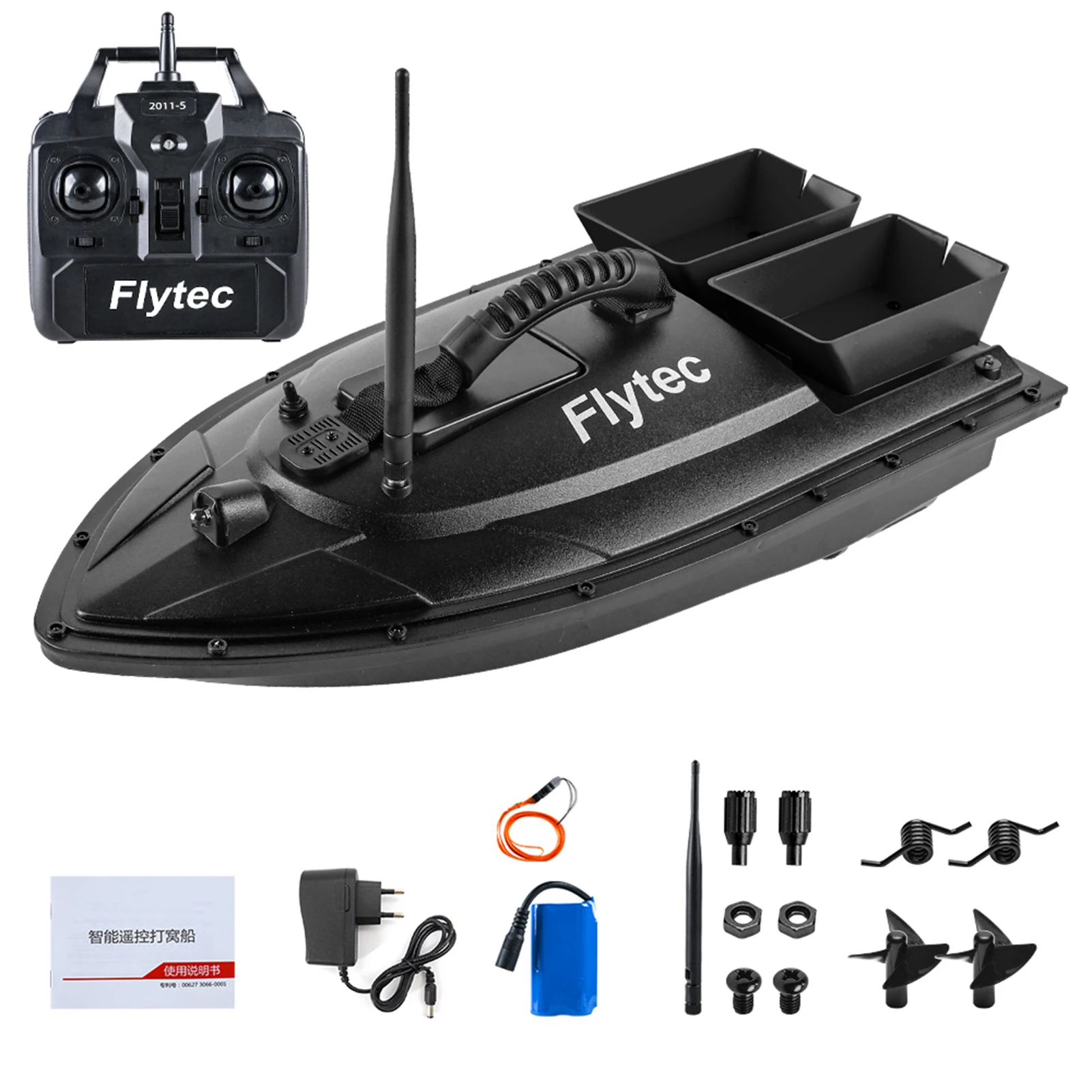 NUOVA Barca per esche da pesca Flytec 500m Barca per esche telecomandata Doppio motore Fish Finder Caricamento da 1,5 kg con luce a LED per la pesca