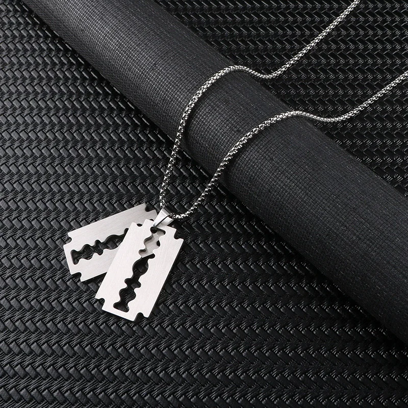 Gothic Blade Razor Pendant Necklaces Men Silver Color Stainless Steel Chain Necklace Punk Aesthetic Jewelry collier homme