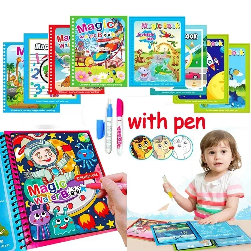 Libro magico da disegno ad acqua con penna - Giocattolo educativo riutilizzabile per bambini, regalo per libro da colorare con rivelazione dell'acqua