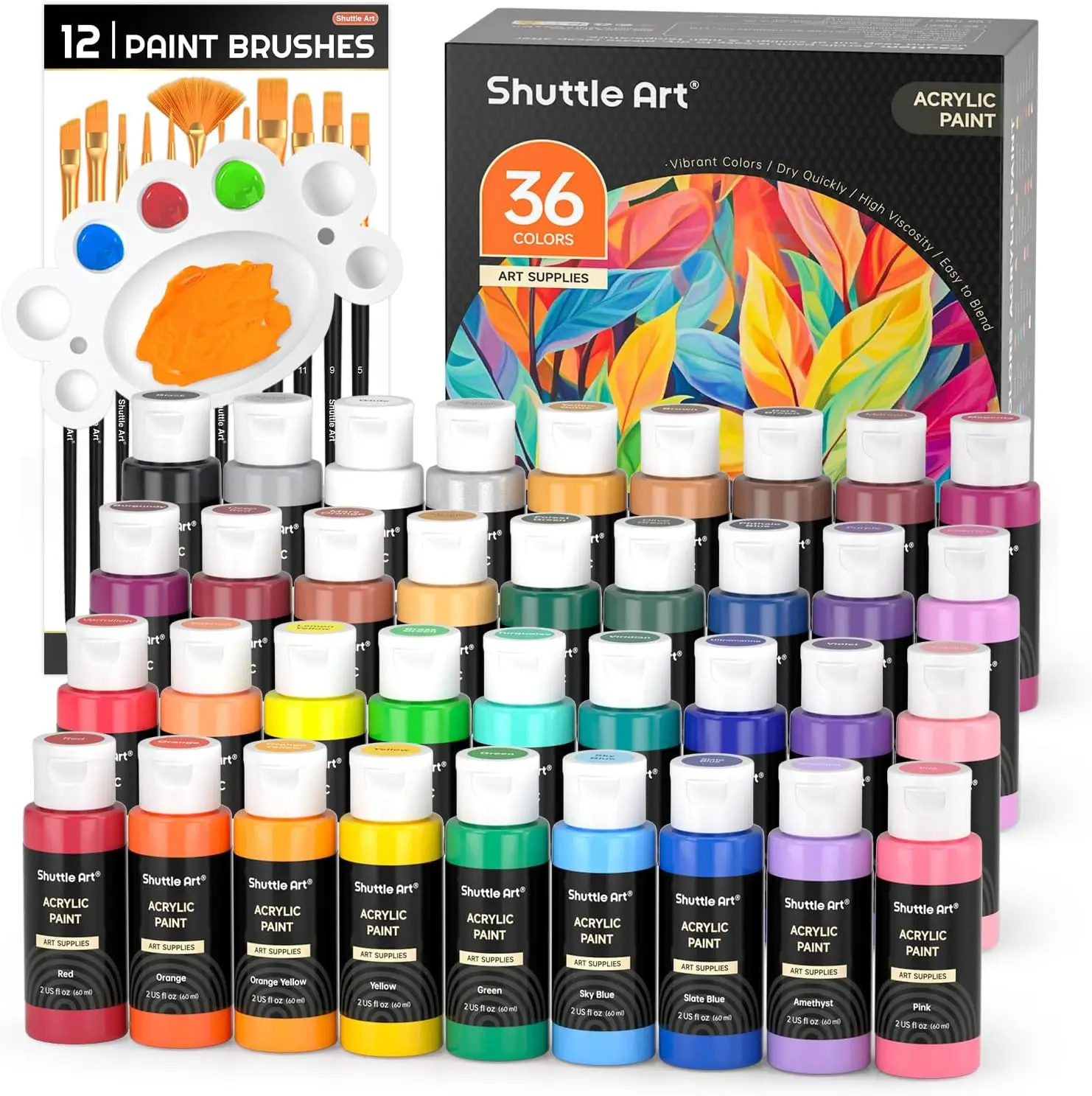 

Acrylic Paint, 36 Colors Acrylic Paint Set with Brushes & Palette, 2oz/60ml Bottles, Rich Pigments Non-toxic for Artists