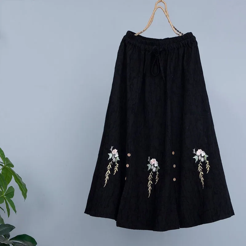 Vintage Casual Solid Embroidery Spliced Loose Skirt Summer Women\'s Clothing Fashion All-match Elastic High Waist A-Line Skirts