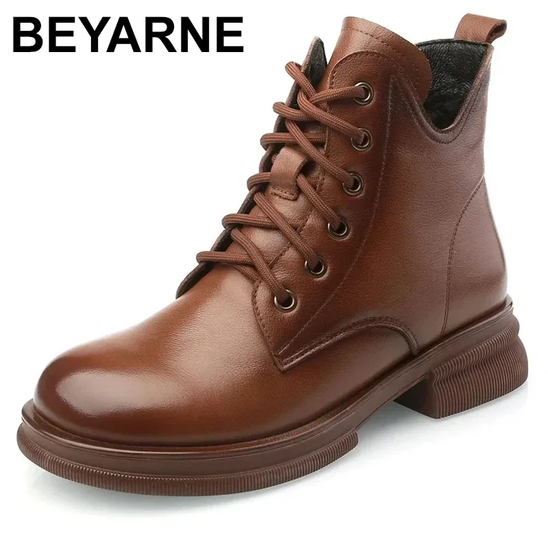 2025 بوط من الجلد الطبيعي للنساء أحذية الخريف الشتاء سميكة وحيد جلد البقر النساء حذاء من الجلد ماركة أحذية نسائية