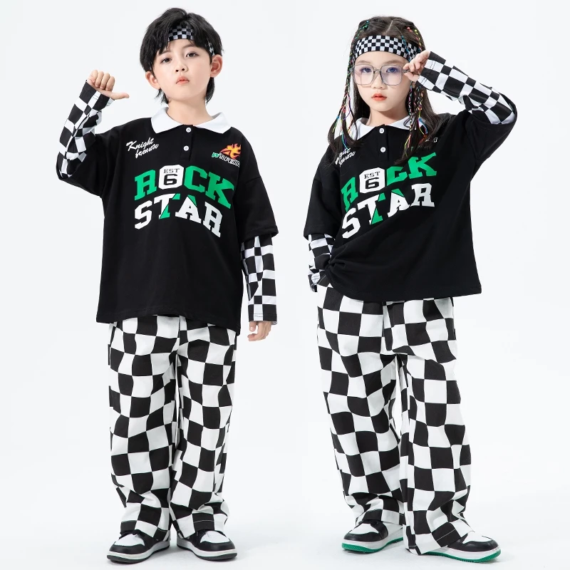 Spring Autumn Children Hip Hop Clothes Black Long Sleeve Top Plaid Pants Girl Active Clothing Kids Streetwear Teenager Tracksuit