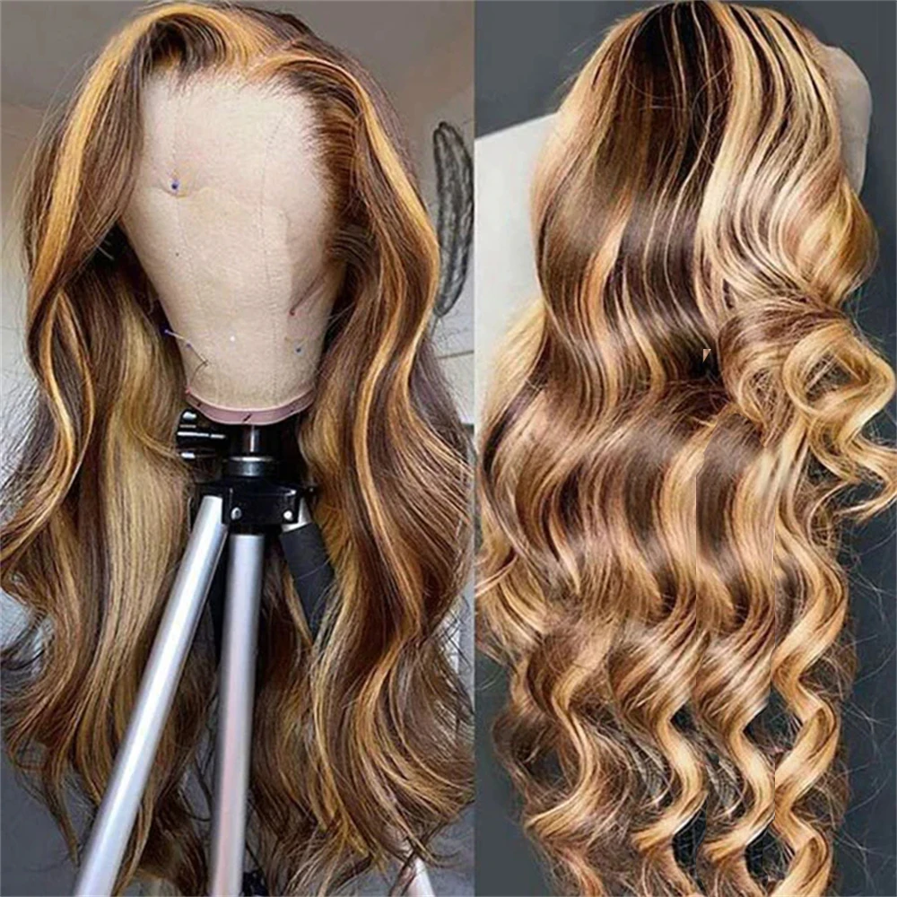 4/27 peruka z długie włosy ludzkie falą ciała 13x4 peruki typu Lace Front Ombre brązowe blond włosy Remy z przodu 100% peruki z ludzkimi włosami