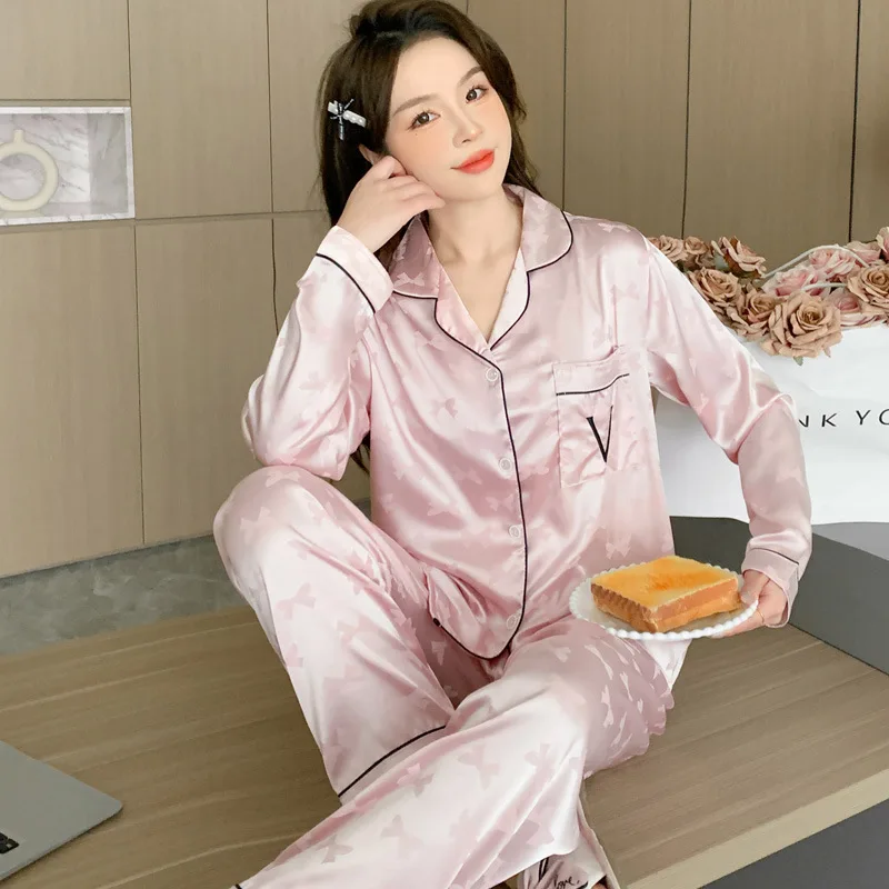 Women 2 Piece Pajamas Sets Bow Print Pijama Faux Silk Satin Lapel Pyjama Female Sleepwear Long Sleeve Shirt Pants Homewear