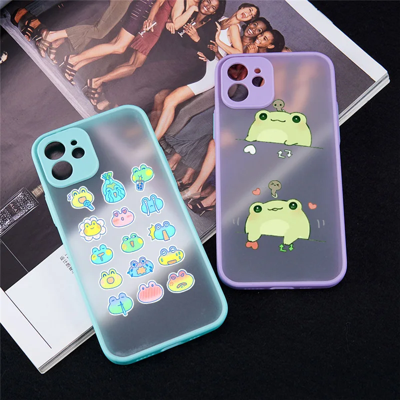 

Mint Green Funny Cute Cartoon Frog Phone Case for IPhone 12 11 14 Pro Max 13 Mini XS MAX 8 7 14Plus X SE2 XR Matte Hard PC Cover