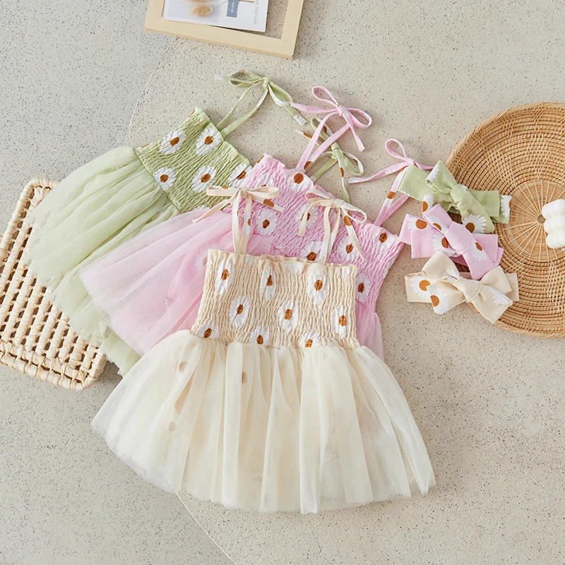 

Suefunskry Baby Girls Summer Casual Romper Dress Sleeveless Daisy Print Tulle Princess Clothes with Headband 0-24Months