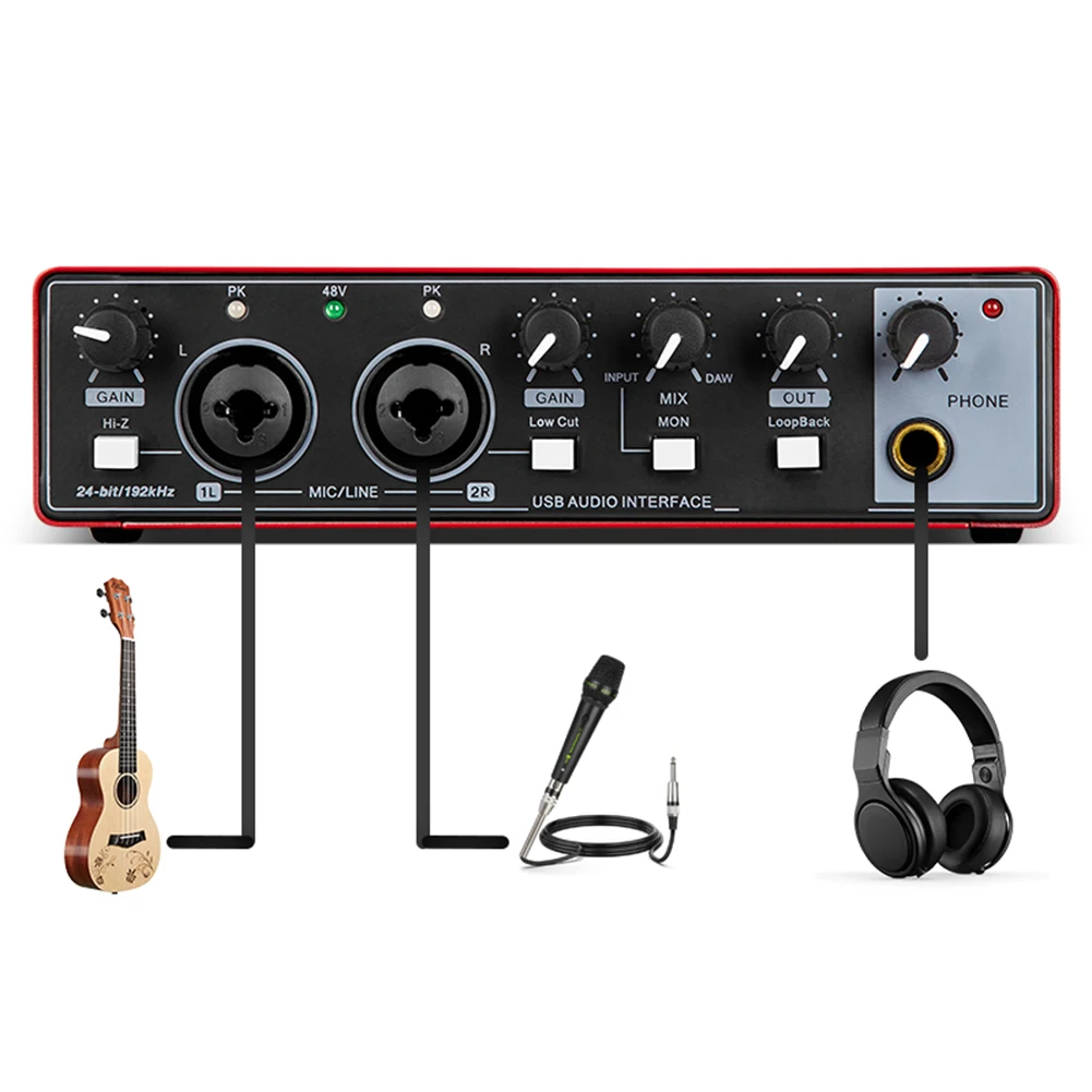 Tarjeta de sonido de grabación MD22, interfaz de Audio USB, alimentación fantasma de 48V, tarjeta de sonido profesional portátil con Monitor Loopback para Audio