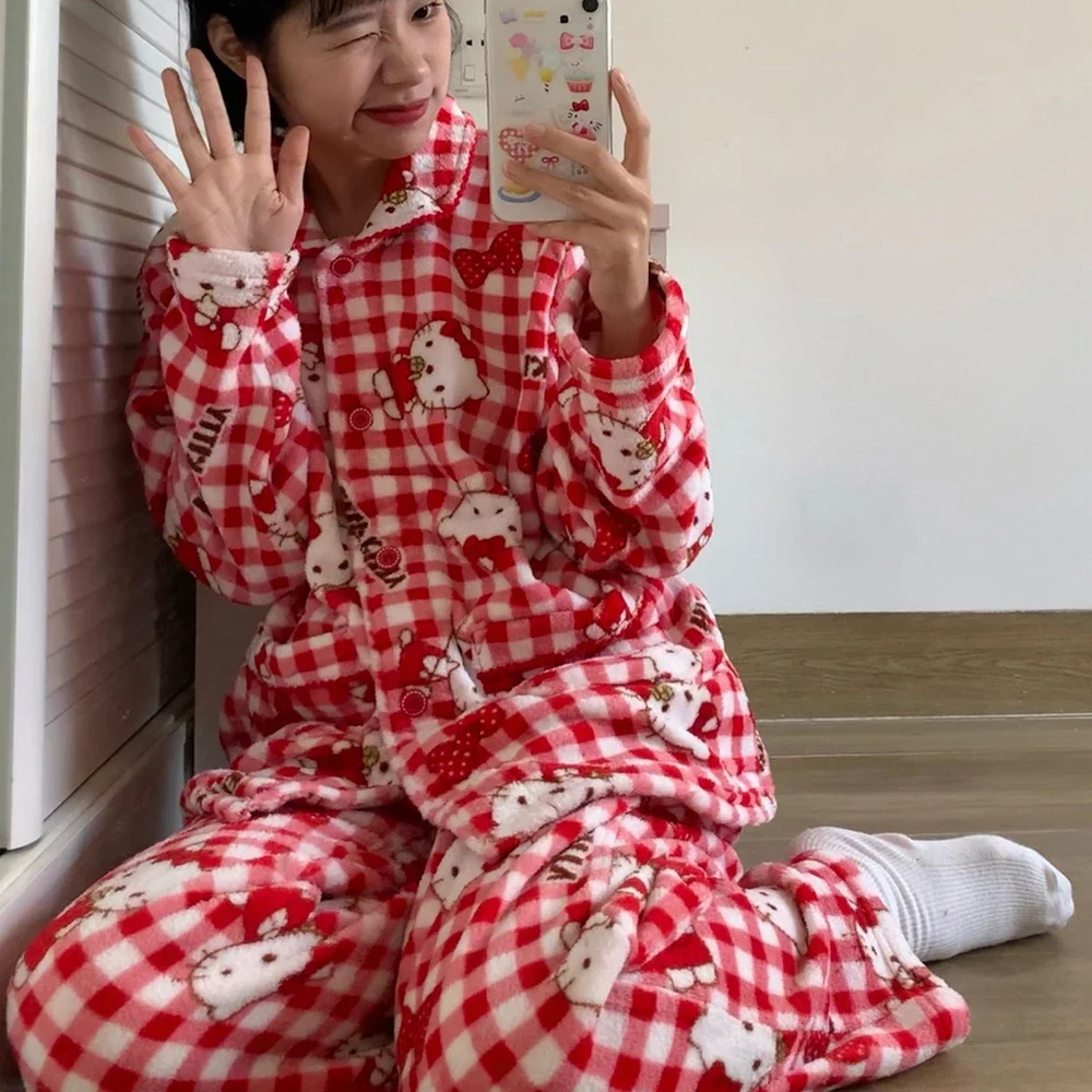 Hello Kitty Women Cardigan Plush Pajamas Suit Sanrioed Anime Kawaii Winter Coral Fleece Homewear Warm Cute Nightwear Tops Pants