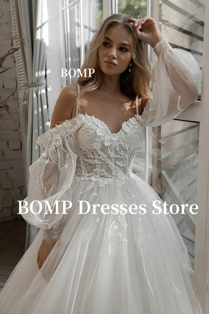 BOMP 웨딩 드레스 퍼프 슬리브 아플리케 레이스 3D 꽃 오프 어깨 Tulle 신부 가운 Customized vestidosdenovia