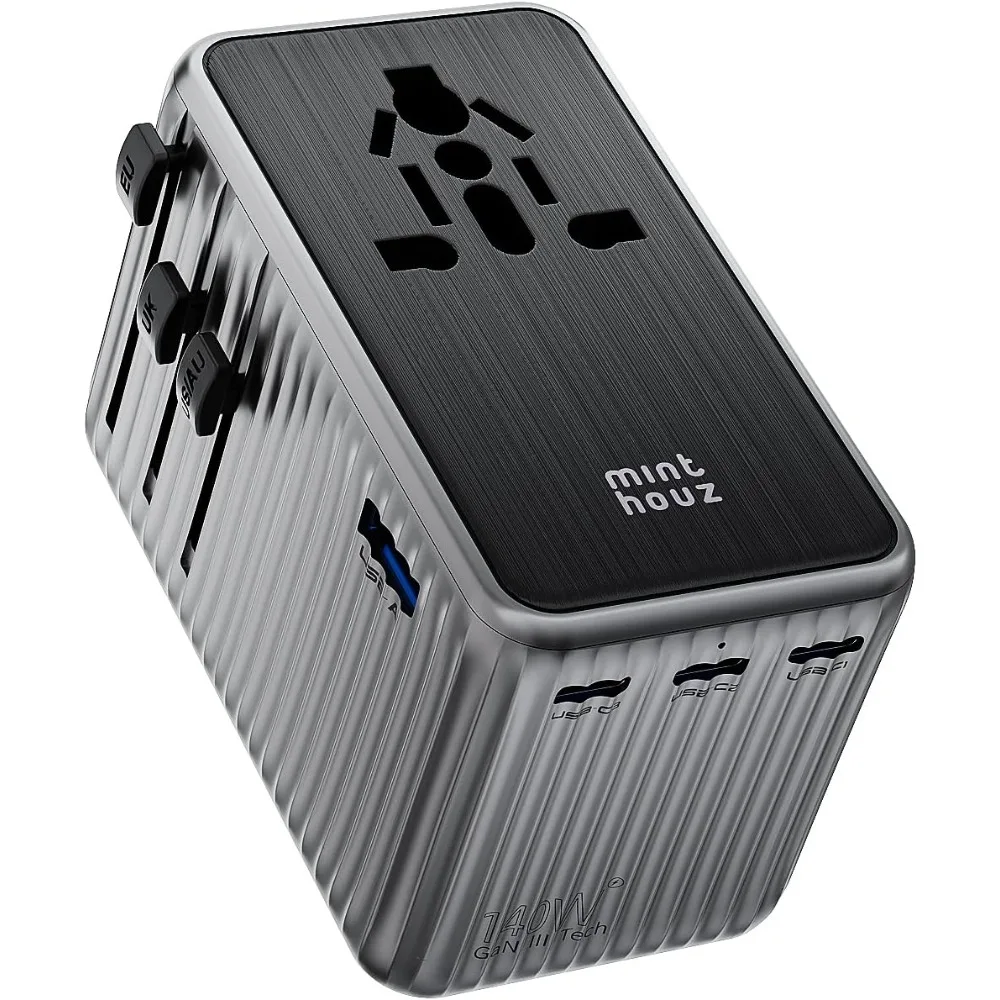 Adaptador de viagem universal 140W GaN PD Carregador rápido com 4 portas USB C USB Um conversor de tomada CA mundial para EUA UE Reino Unido AU