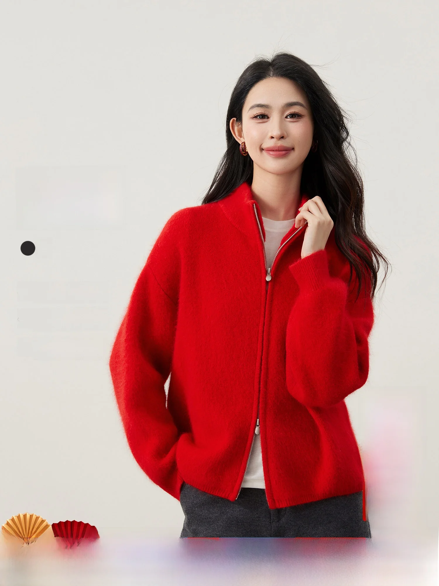 

Mijia High Quali Thi Fce Rabbit Fur Knitted Cardigan Women's Casual Red Leisure Sweater Jaet Soft Nylon Fabric