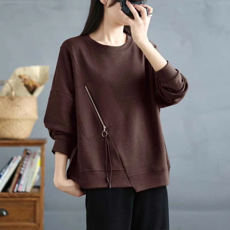 

Design Sense of Niche Irregular Round Neck Sweatshirt for Women in Autumn and Winter Loose Long-sleeved T-shirt Base Shirt