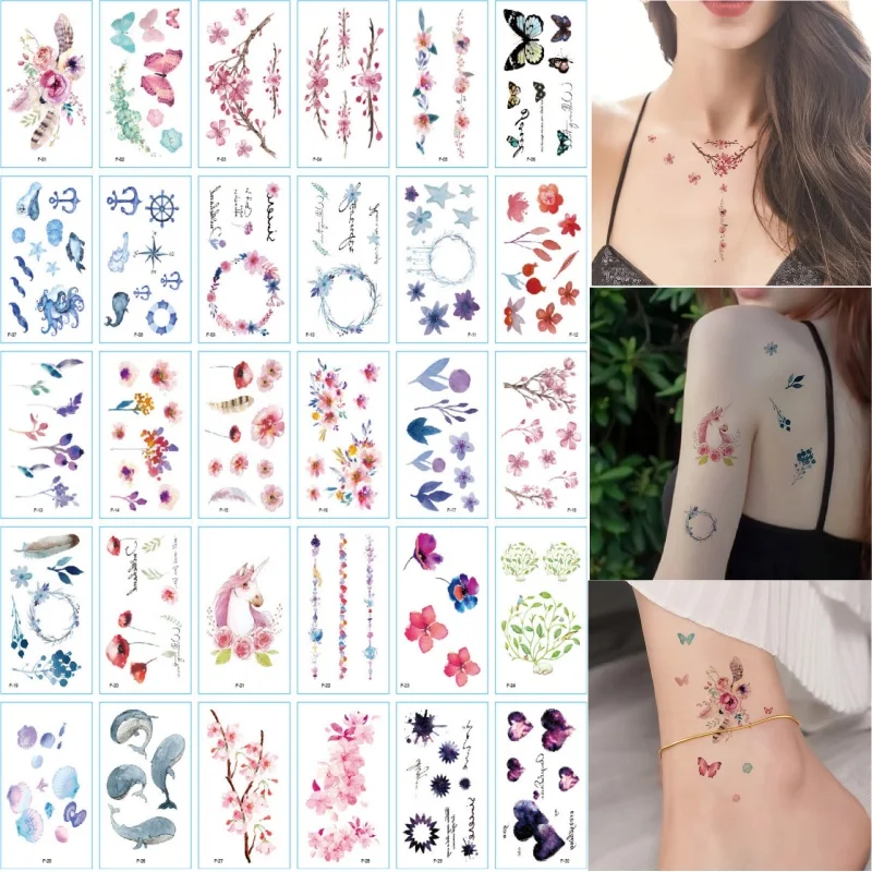 30pcs/lot Watercolor Temporary Tattoos Stickers Whale Flower Butterfly Fake Tatoo Decals for Women Girls Hand Wrist Party Favors