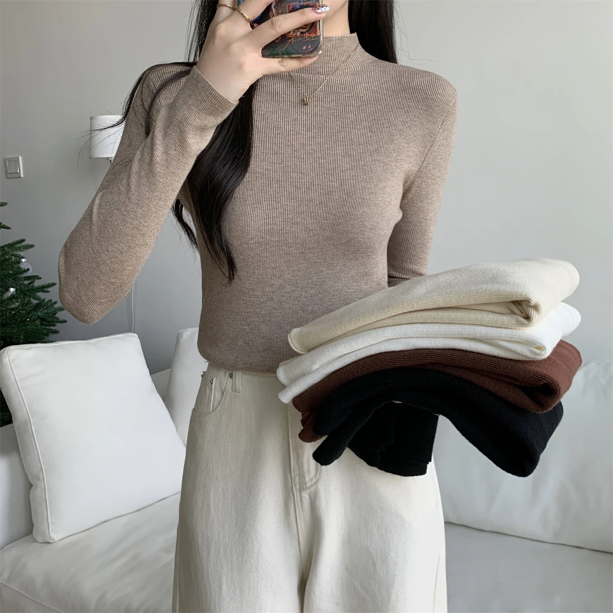محبوك سترة المرأة البلوفرات الجديدة طويلة الأكمام وهمية الرقبة الأبيض متماسكة سترة البلوز المرأة بلايز البلوزات Sueters De Mujer Q1535