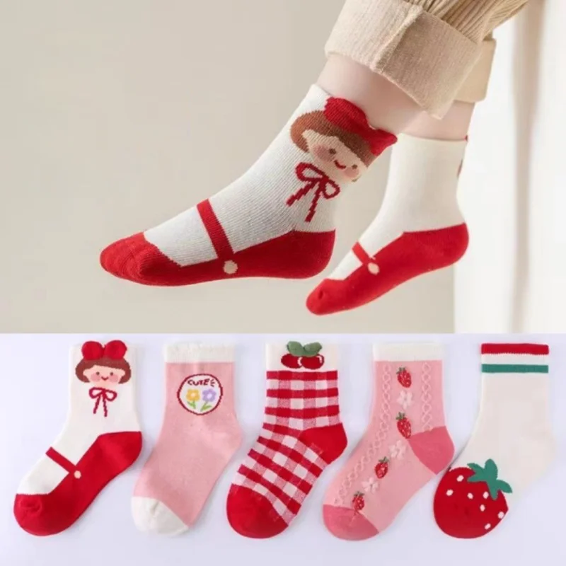 5 Pairs/Set Boys Dinosaur Tube Socks Autumn/Winter Baby Girls Cute Cartoon Pattern Cotton Socks