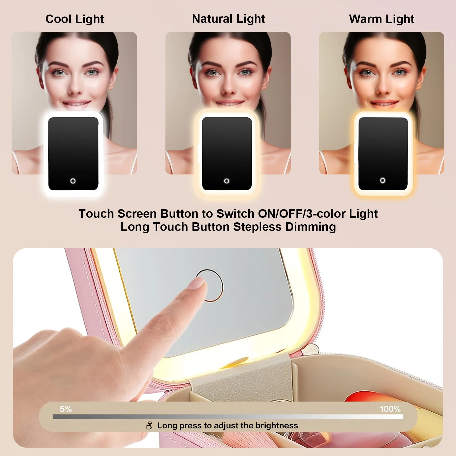 Make-up-Tasche mit Spiegel, LED-Reise-Make-up-Tasche, Make-up-Tasche, leuchtender Spiegel, verstellbar, 3-farbig wiederaufladbar, Schmuckschatulle-Organizer