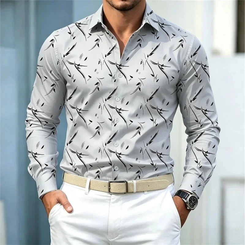 Men's shirt with abstract line print, long-sleeved shirt, solid color slim fit shirt, fashionable business casual men's clothing