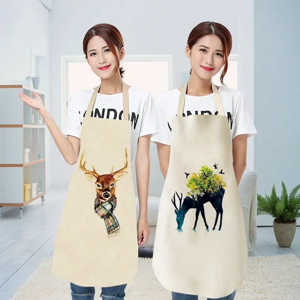 Wild Animals Printed Kitchen Aprons Women Kids Sleeveless Cotton Linen Bibs Cooking Baking Cleaning Tools Crocodile Fawn Apron