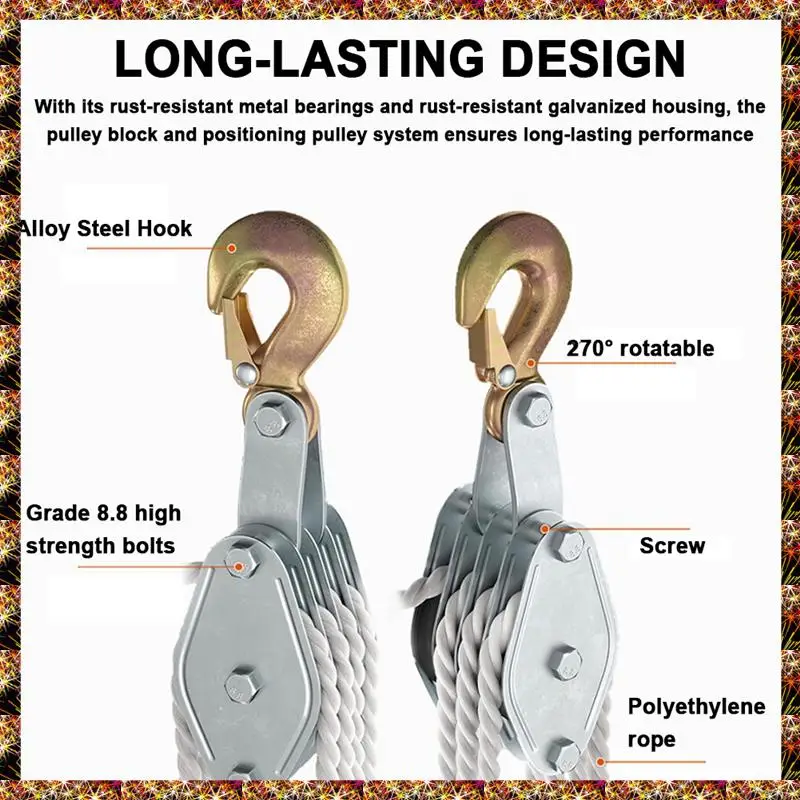 BTCL Block And Tackle Pulley System For Heavy Lifting, 2200 Lbs Breaking Strength, 6:1 Power Ratio Hoist