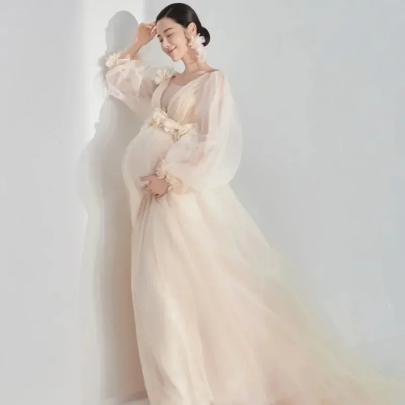 Maternity Photography Dress Long Sleeve Baby Shower  Pregnancy Fancy  Flower Lace Robe Maxi Gown Maternity