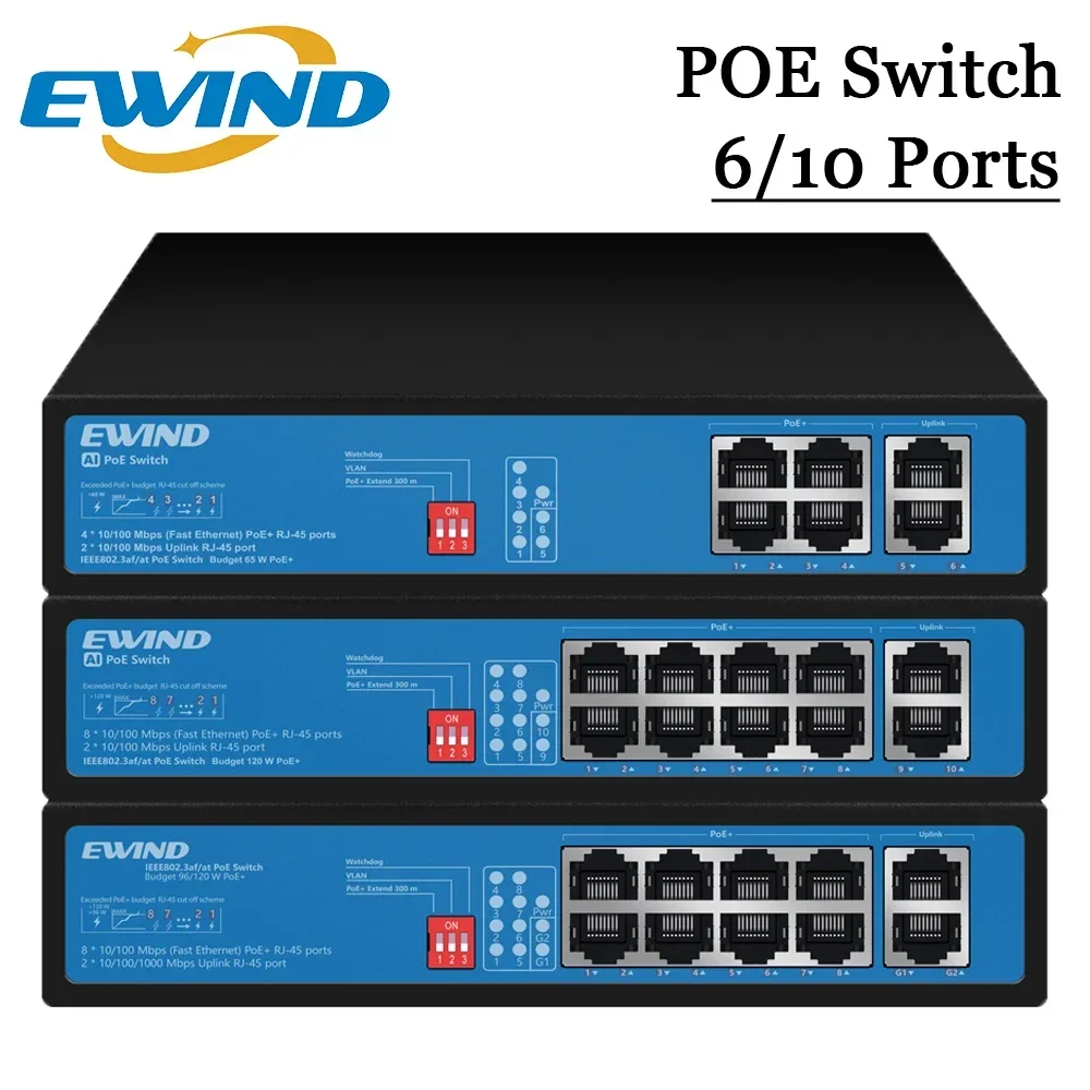 

EWIND POE Switch 4/8 Ports 10/100/1000Mbps Ethernet Switch Support AI Watchdog Port self-healing for IP Camera/Wireless AP