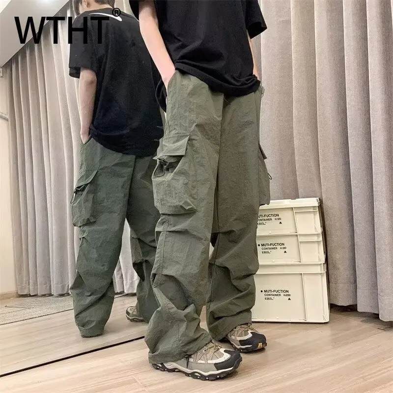 

WTHT модные мужские однотонные брюки-карго с карманами и рисунком, модные прямые брюки с эластичной резинкой и высокой талией, мужские брюки 2021, лето 2A1346