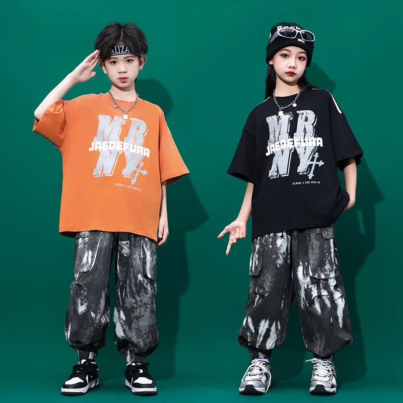 子供用半袖Tシャツ,ジャズダンス服,ヒップホップの衣装,黒の帽子,4〜15歳,夏
