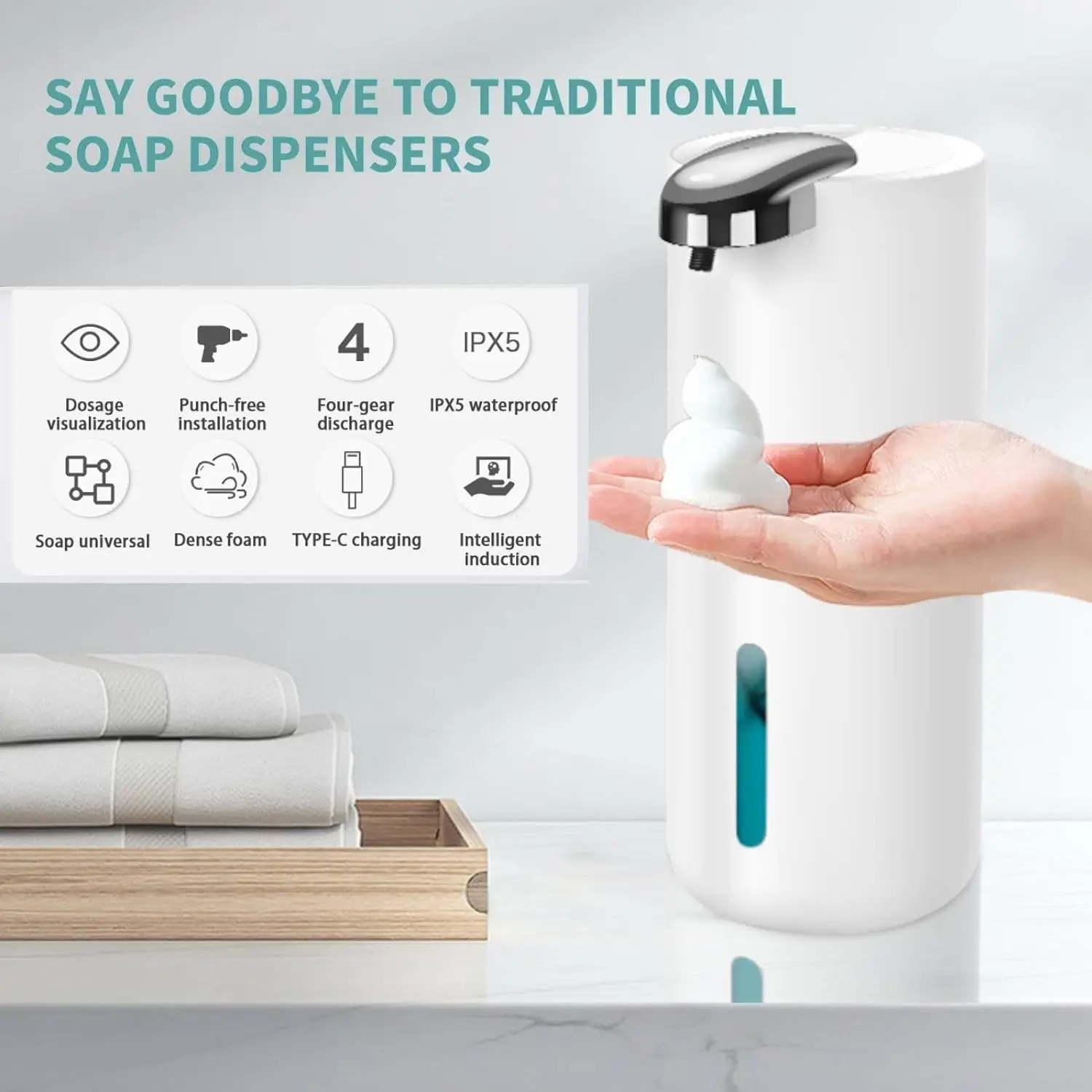 380ml Automatic Soap Dispenser 13.5 oz Touchless Foam Soap Dispenser USB Rechargeable 4 Speed Electric Sanitizer Dispenser Set