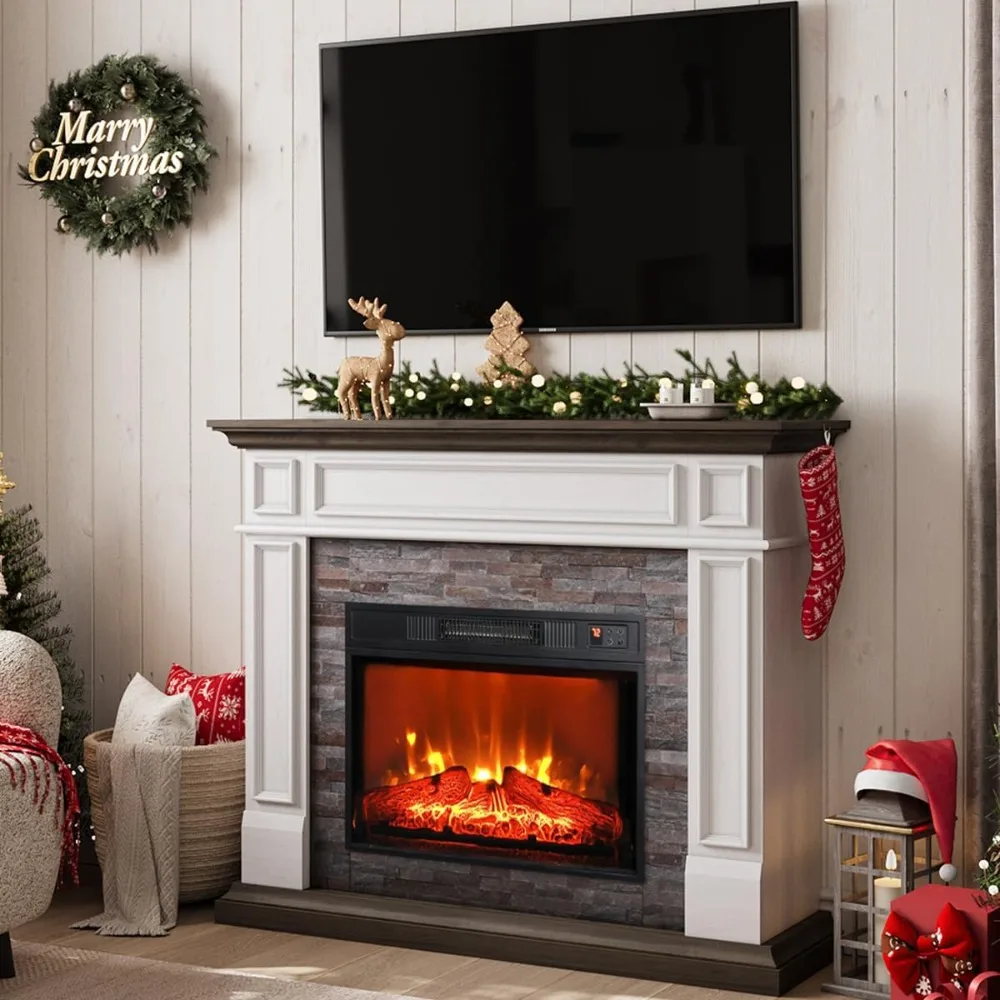 

44" Electric Fireplace Mantel, Farmhouse TV Stand with Electric Fireplace Heater, Stacked Stone Surround and Remote Control 3D