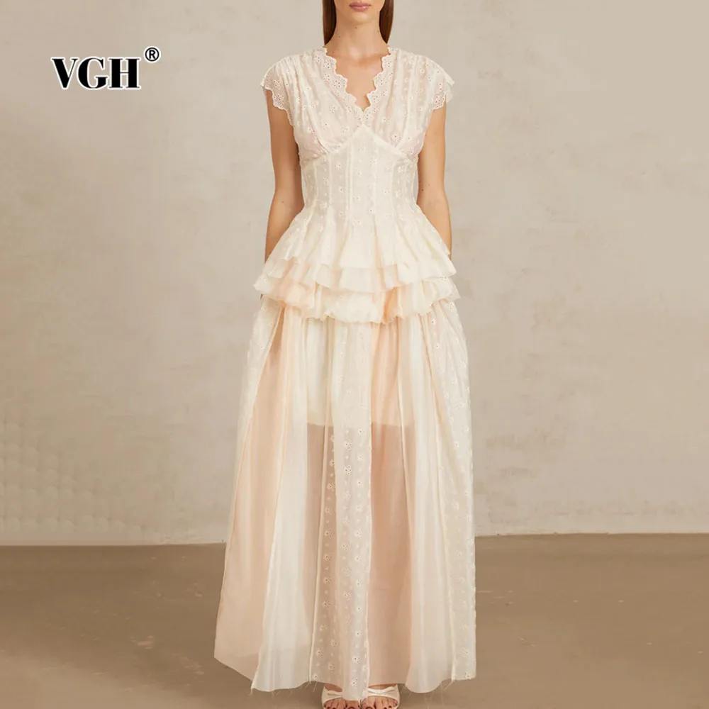 

VGH Solid Embroidered Two Piece Set for Women V Neck Sleeveless Spliced Ruffle Top High Waist Maxi Skirt Vintage Sets Female New