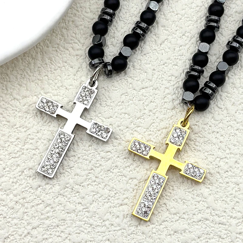 الدين الصليب حجر الراين سلسلة عنق للنساء الرجال الفولاذ المقاوم للصدأ الذهب اللون العصرية حفل زفاف القلائد مجوهرات الإكسسوار