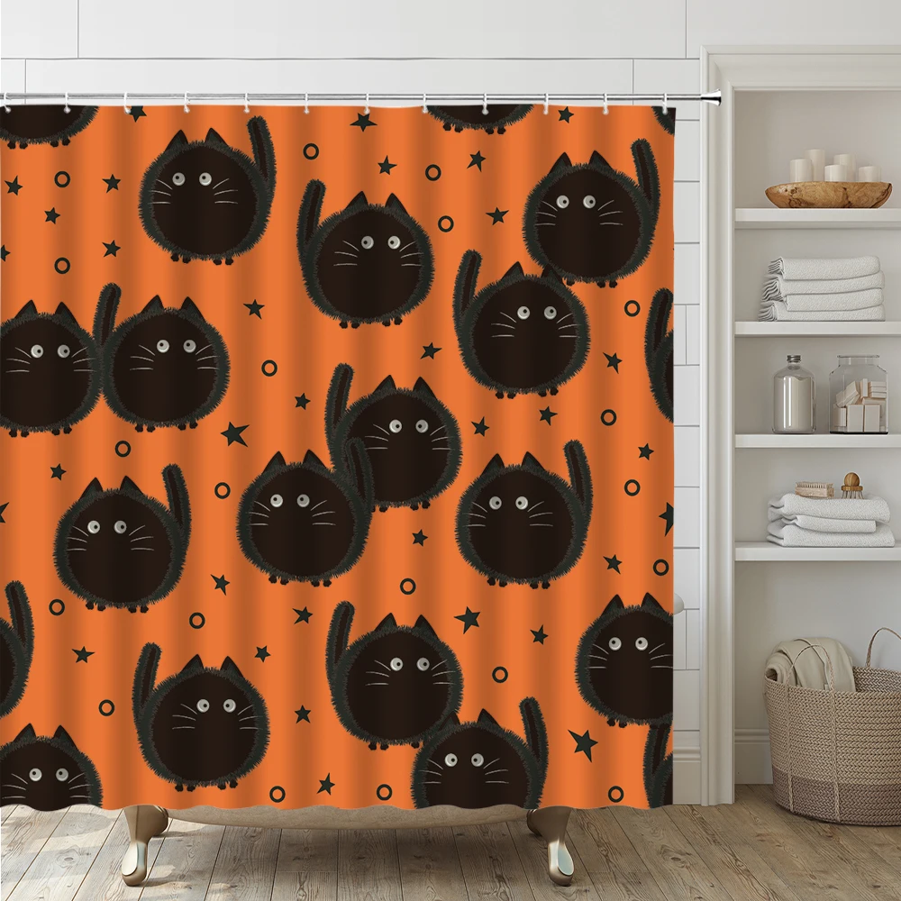 4Pc Cute Black Cat Shower Curtain Set Halloween Pumpkin Fabric Screen Non-Slip Rug Toilet Lid Cover Bath Mat Bathroom Decor Home