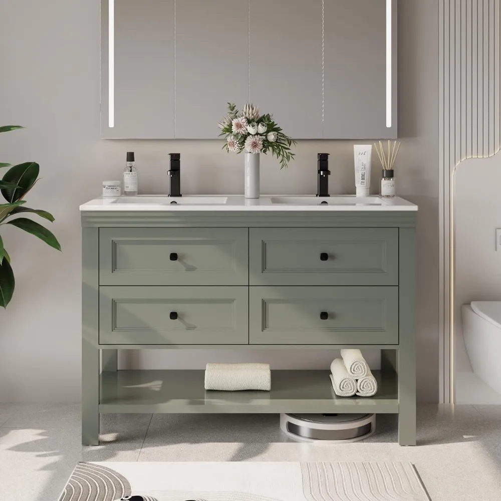 

48" Bathroom Vanity with Sink Combo, Modern Painted Vanities Cabinet with Big Drawers, Opening Bottom Shelf, Green