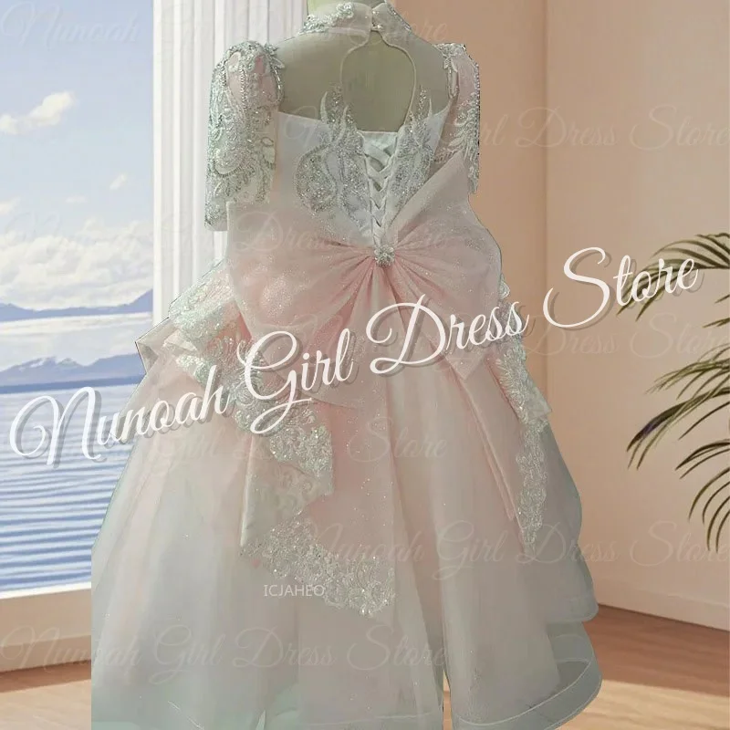 Robes de demoiselle d'honneur à col haut pour mariage, avec des Appliques en dentelle, longueur au sol, robes de fête d'anniversaire pour filles, robes de première Communion personnalisées