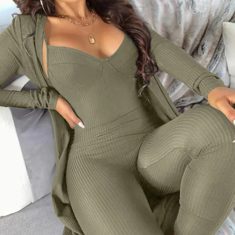 Mandylandy Vrouwen Jumpsuits Sets Lange Mouwen Casual Cardigan Outwear Rib Stof V-Hals Band Bodycon Jumpsuit 2 Delige Set Outfits