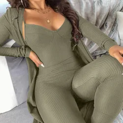 Mandylandy Women Jumpsuits Sets Long Sleeve Casual Cardigan Outwear Rib Fabric V-neck Strap Bodycon Jumpsuit 2 Piece Set Outfits