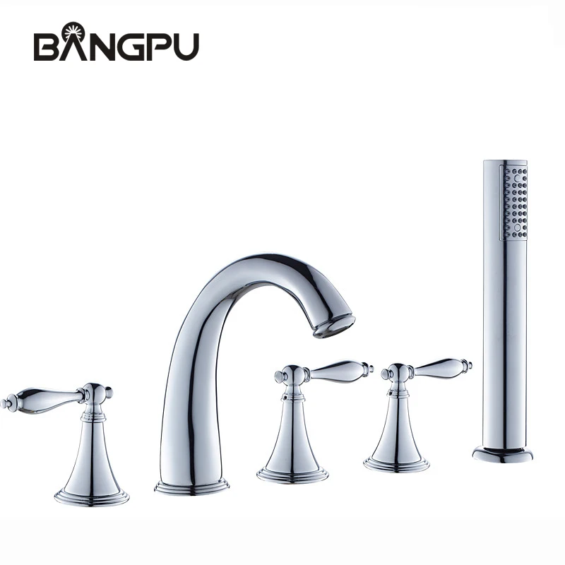 

5 Hole Bathtub Faucet with Handheld Shower Deck Mounted Bathroom Tub Faucet Set Roman Bathtub Faucet Set with Sprayer Chrome