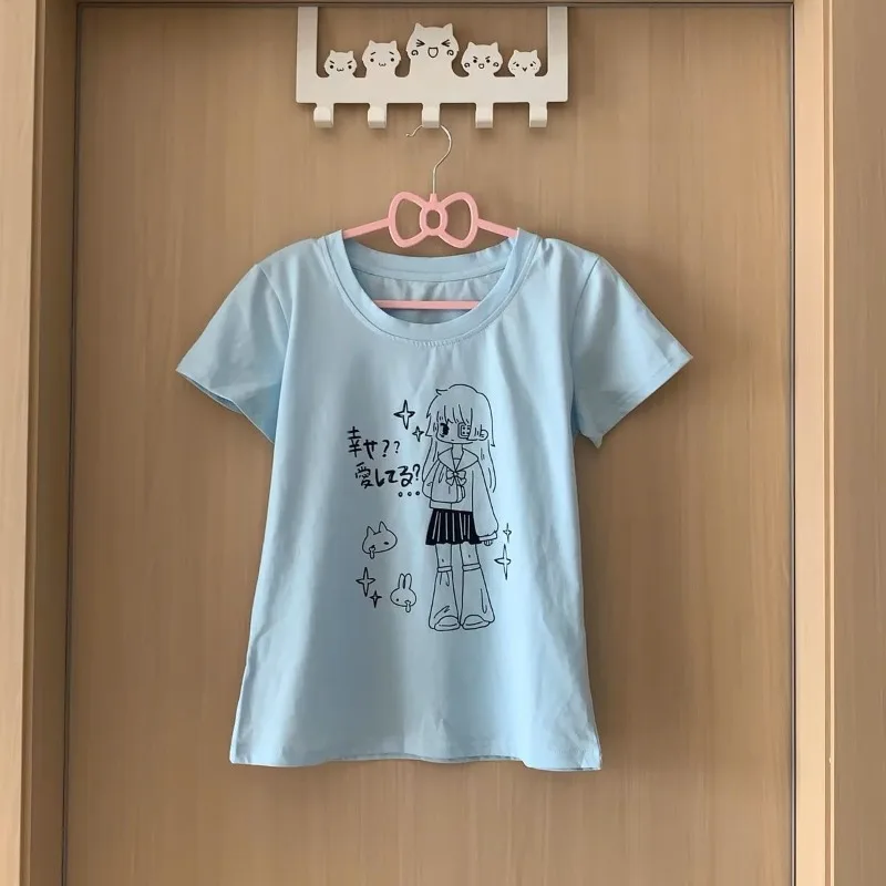 Kimotimo Japanese Cute Anime Cartoon Print T-shirt Women 2026 Summer Casual O-neck Short Sleeve Tops Sweet Preppy Style Y2k Tees