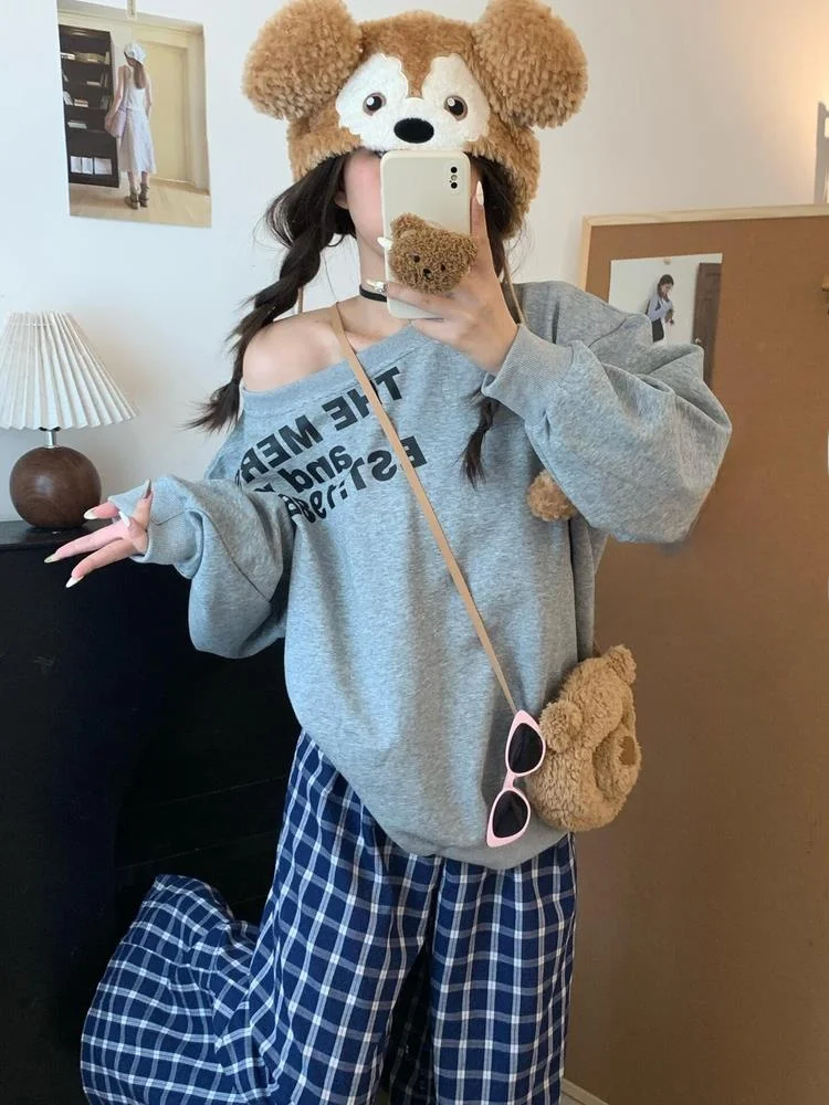

American Lazy Style Women's Sportswear Set Spring Autumn Loose Wide Leg Pants Shoulder Drawstring Sweatshirt Two Piece Set