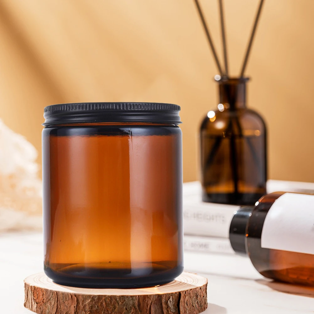 200ML Aromatherapy Candle Container Brown Cup Refillable Circular Jar Glass Bottle With Aluminum Lid Plastic Lid