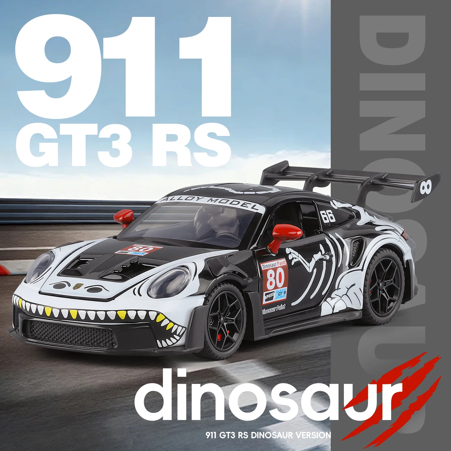 1:32 Dinosaur Graffiti GT3 RS Sports Car Alloy Diecast Model Toy Cars Sound & Light Pull Back Simulation Models Boys Gifts