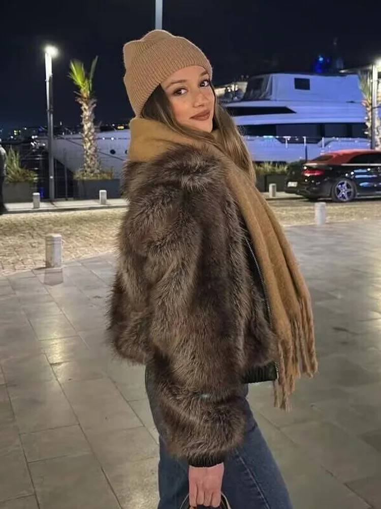 HH Women Winter Fashion Vintage Sepia Lapel Contrast Fur All-in-One Jacket Female Front Zipper Pocket Decoration Thick Coat