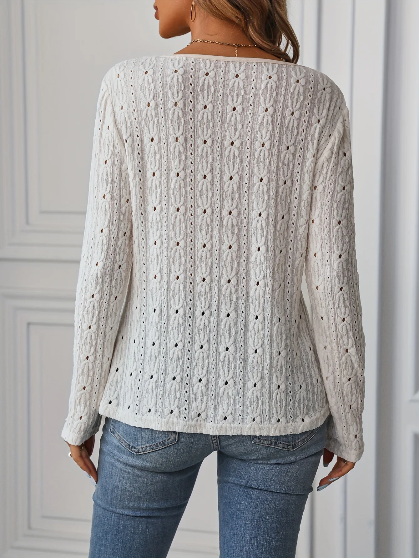 Fashion O-neck Long Sleeve White Lace Tops And Blouse Women 2024 Spring Hollow Out Knitted Blouse Top Femme Shirt For Women