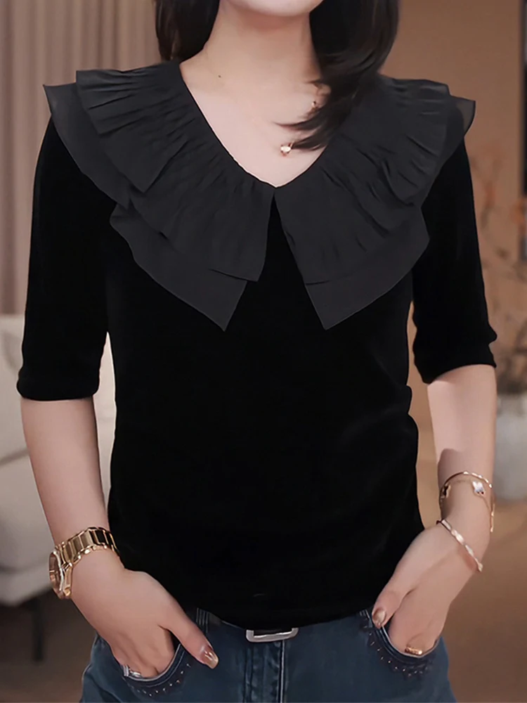 

Casual Long Sve V-Ne Blouse Women's Faion Design irt with Lace Hemline Age-Defng Sle for Daily Wear