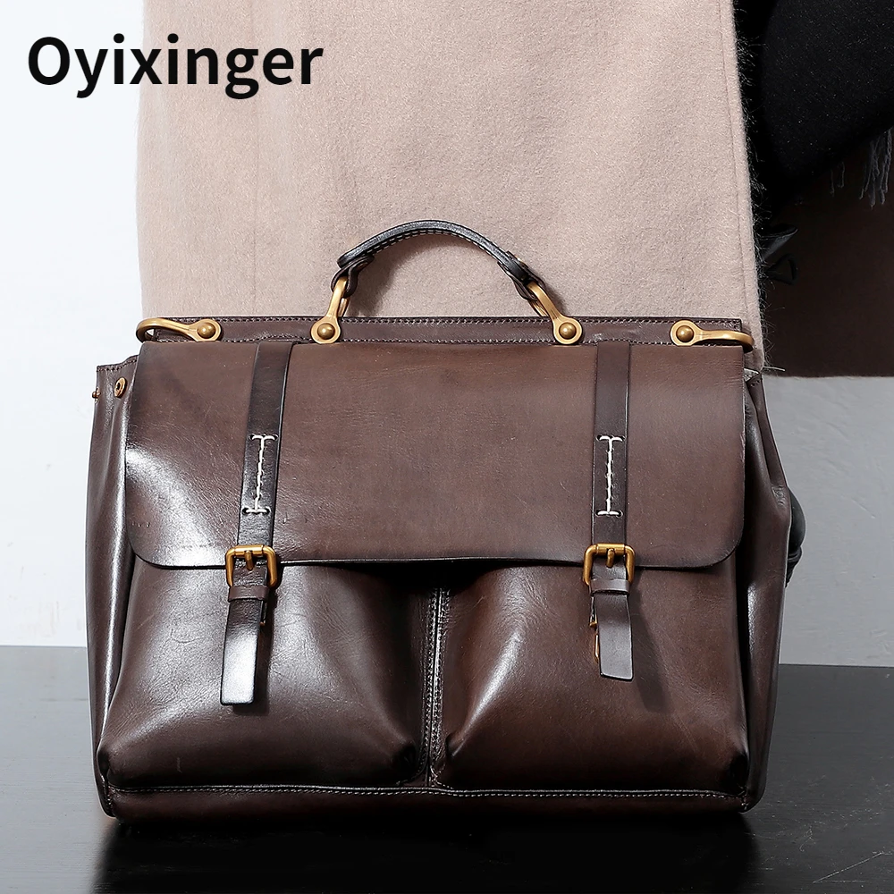 OYIXINGER High Quality Men Briefcase Bag For Man Handbag Top Level Cow Leather Luxury 14.1 Laptop Briefcases Bags For MacBook HP